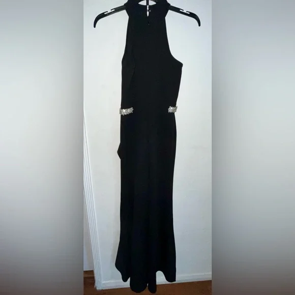 Black Halter Evening Gown w/ Rhinestone Crystal Belt – Formal Maxi Dress - Picture 7 of 7